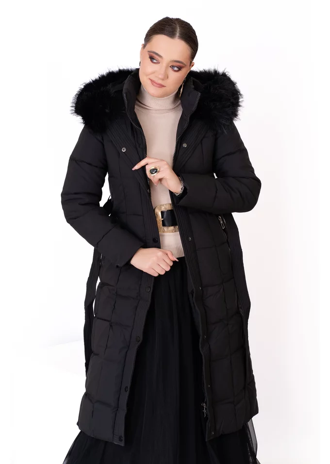 Geaca din fas neagra  cu cordon si gluga decorata cu blana ton in ton