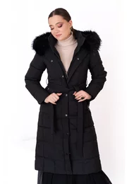 Geaca din fas neagra  cu cordon si gluga decorata cu blana ton in ton