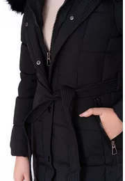 Geaca din fas neagra  cu cordon si gluga decorata cu blana ton in ton