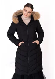 Geaca din fas neagra cu gluga decorata cu blana bej