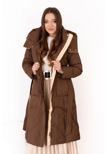 Geaca lunga maro inchis din fas cu gluga