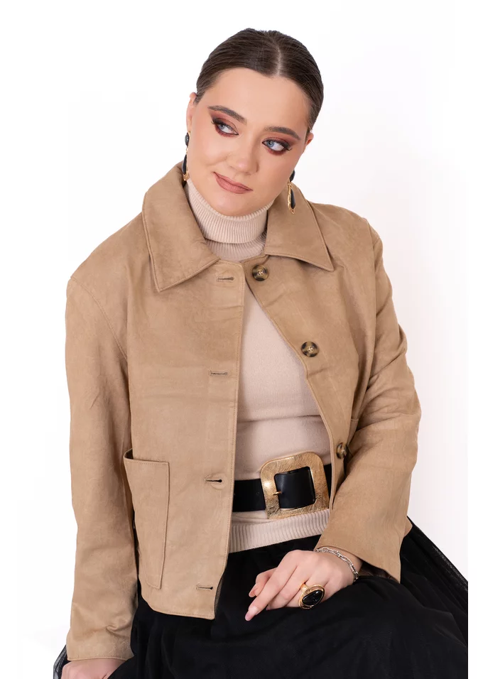 Haina bej din piele cu buzunare