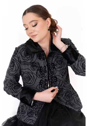 Haina eleganta gray black cu broderie si blanita