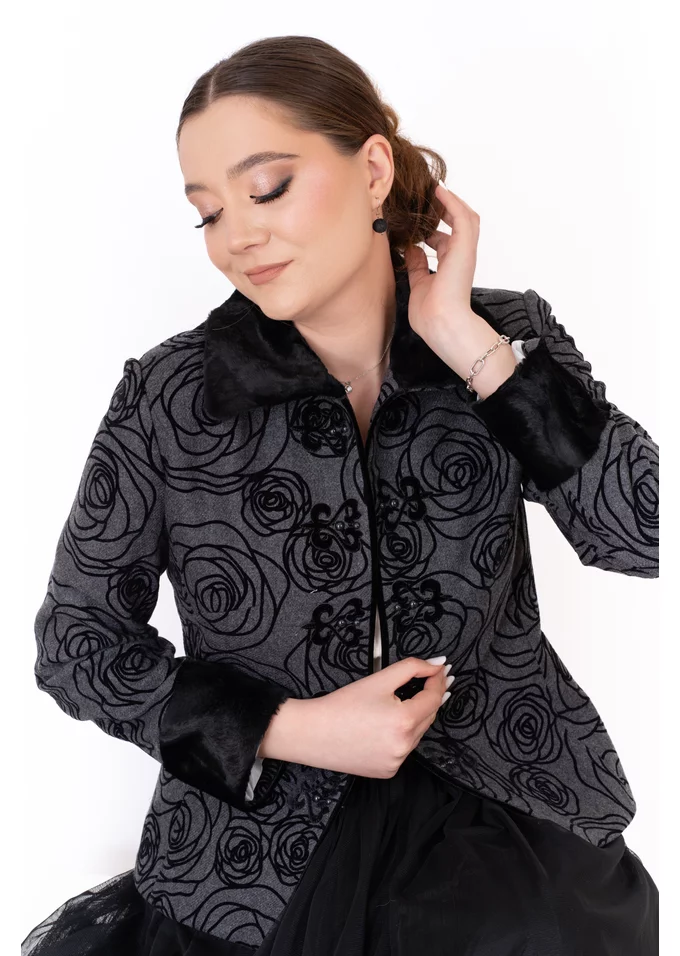 Haina eleganta gray black cu broderie si blanita