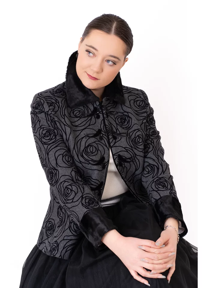 Haina eleganta gray black cu broderie si blanita