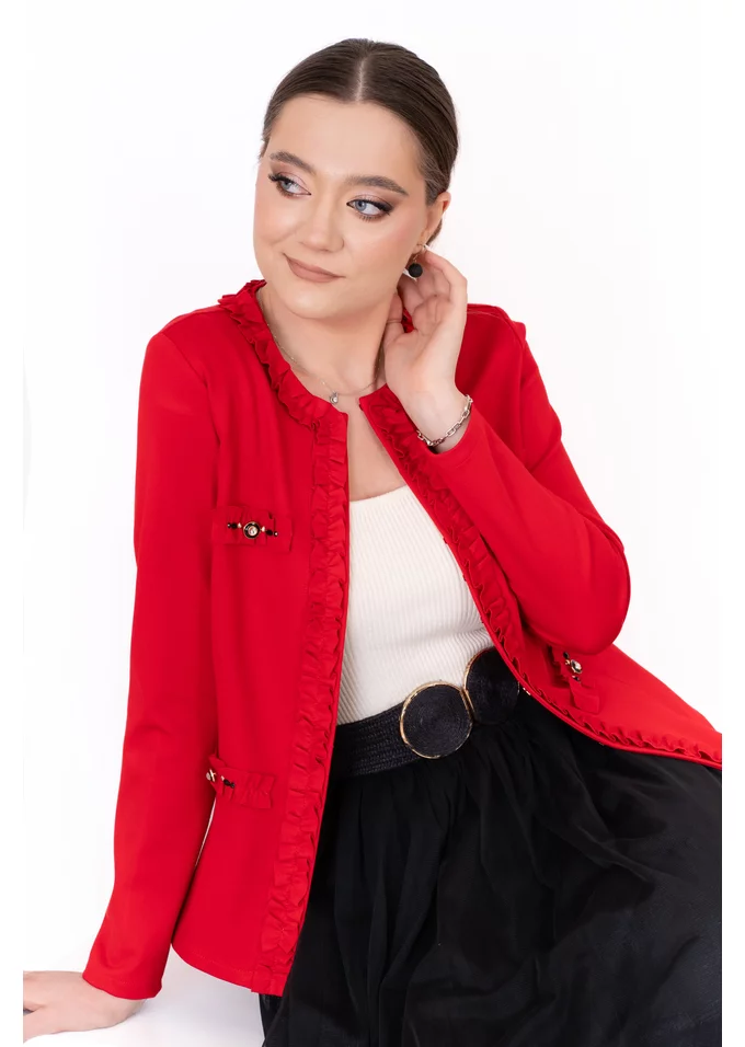 Jerse chic rosu scarlet cu volanas si pietre fine