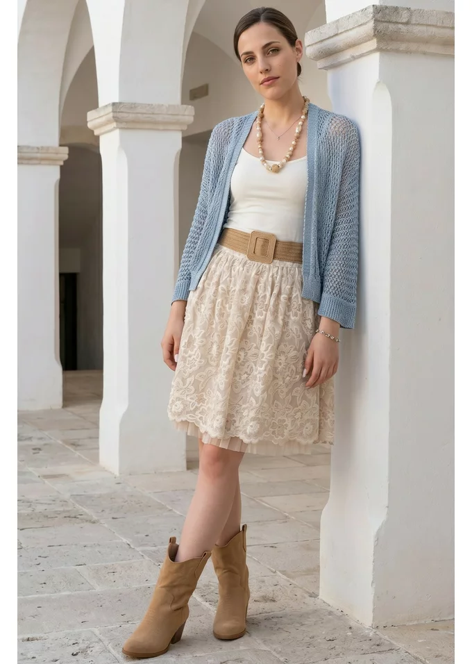 Jerse crosetat din macrame bleu cu fir lurex