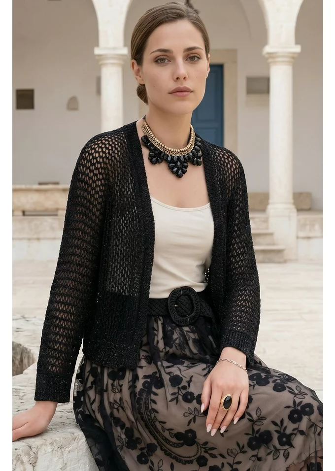 Jerse crosetat din macrame negru cu fir lurex