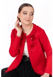 Jerse rosu scarlet chic cu detalii florale si pietre
