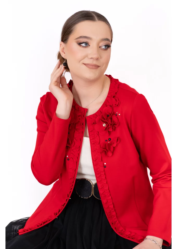 Jerse rosu scarlet chic cu detalii florale si pietre