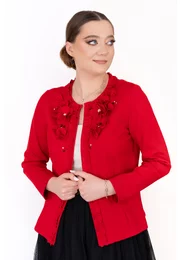 Jerse rosu scarlet chic cu detalii florale si pietre