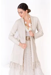 Jerseu crem cu franjuri si buzunare