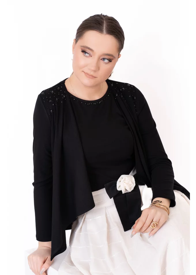 Jerseu elegant neagru decorat strasuri ton in ton