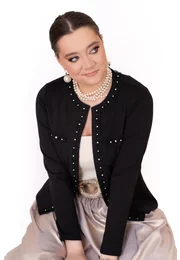 Jerseu elegant negru accesorizat strasuri si perle
