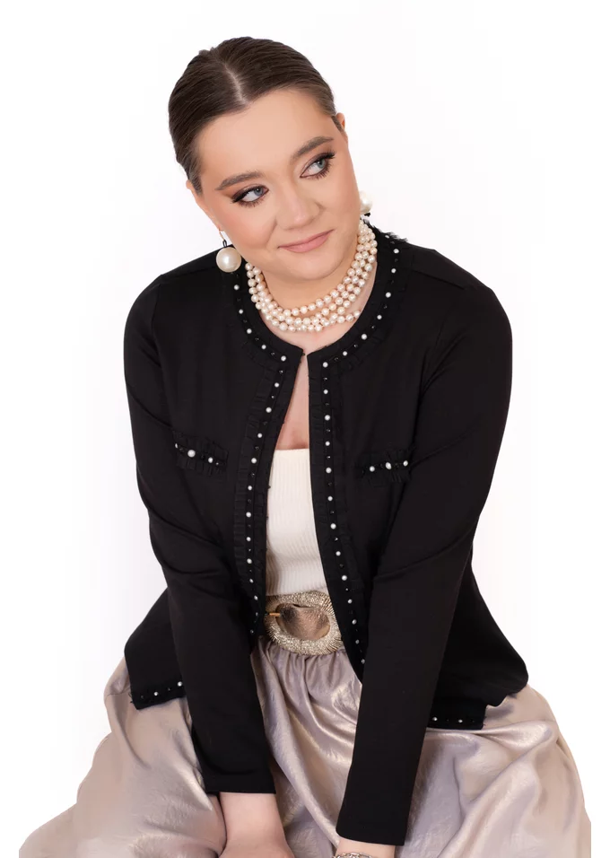 Jerseu elegant negru accesorizat strasuri si perle