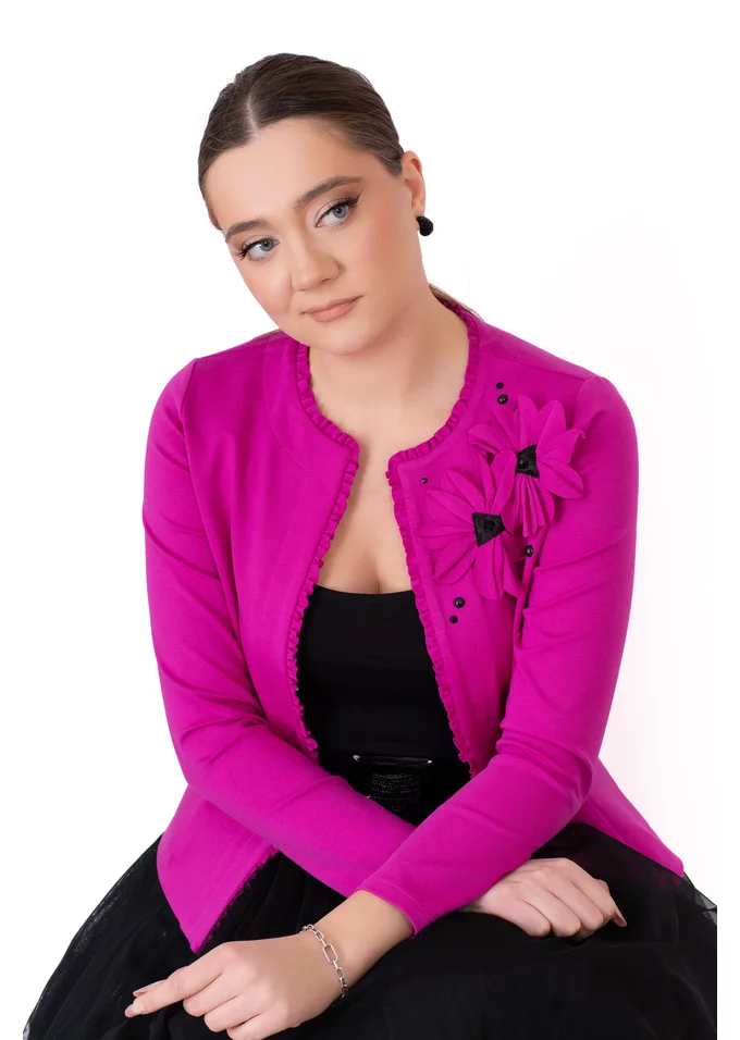 Jerseu roz fucsia decorata cu flori si strasuri