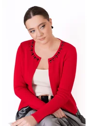 Jerseu tricotat rosu decorat cu strasuri