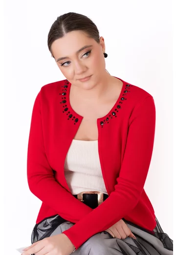 Jerseu tricotat rosu decorat cu strasuri