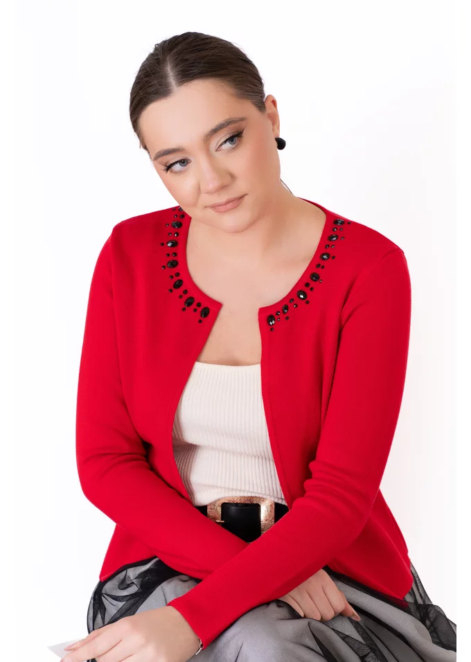 Jerseu tricotat rosu decorat cu strasuri