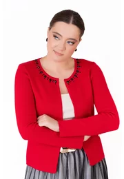 Jerseu tricotat rosu decorat cu strasuri