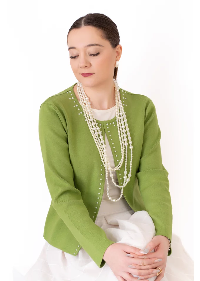 Jerseu tricotat verde lime decorat cu perle