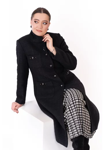 Palton black din lana decorat cu nasturi tip bijuterie