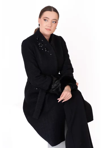 Palton black sparkle cu gat ridicat si explozie de pietre