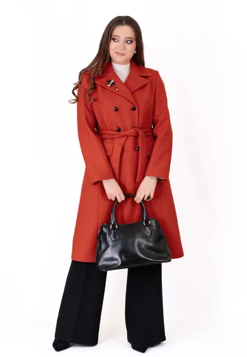 Palton burn red cu cordon decorat cu pietre pe rever