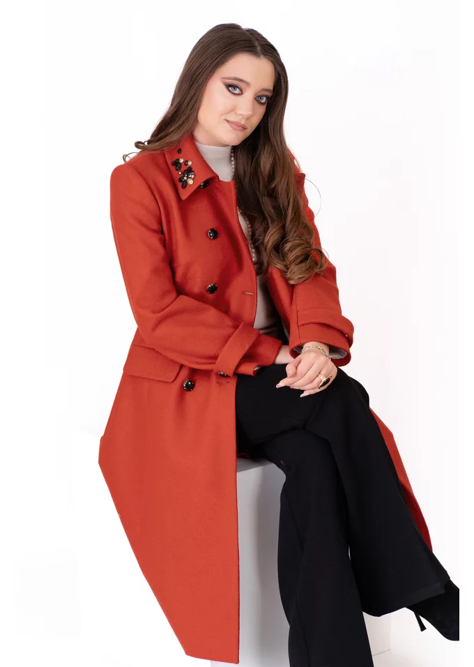 Palton burn red cu guler si pietre tip brosa