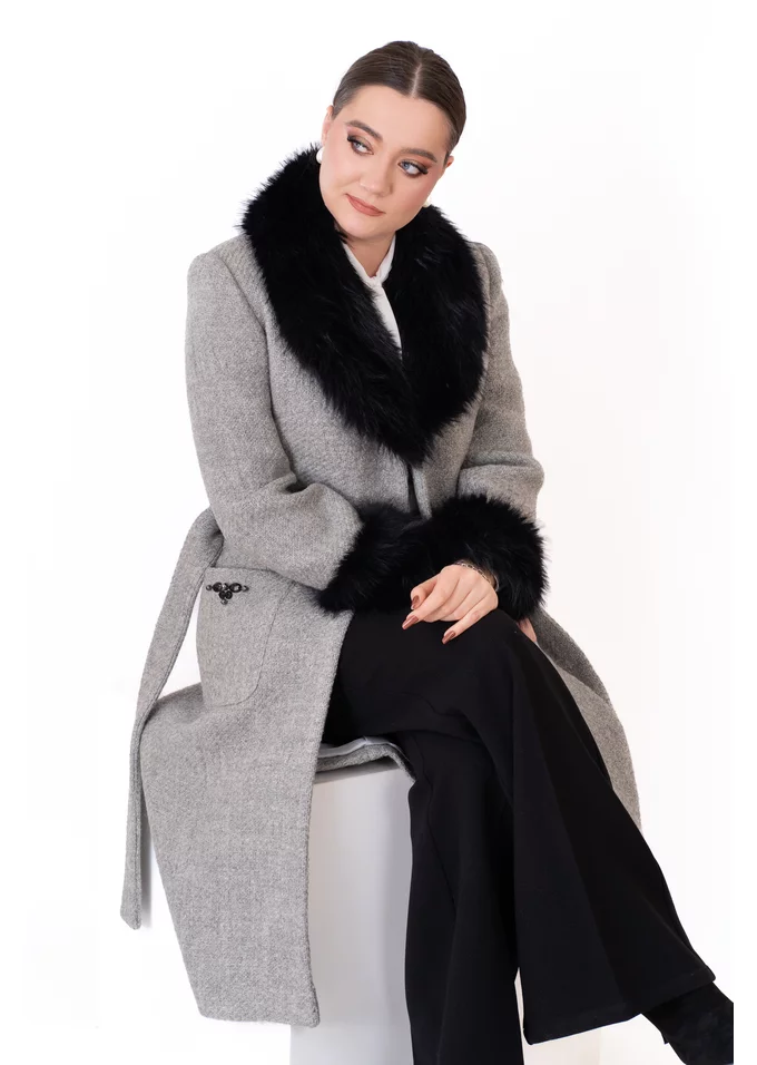 Palton chic gray din lana boucle decorat cu blanita