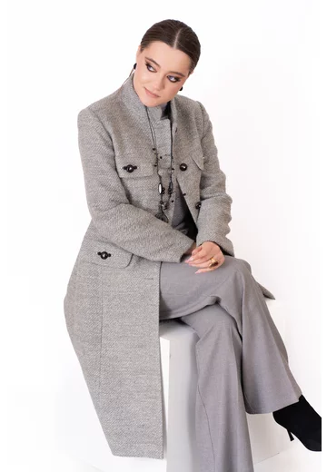 Palton chic gray din lana boucle la un rand de nasturi