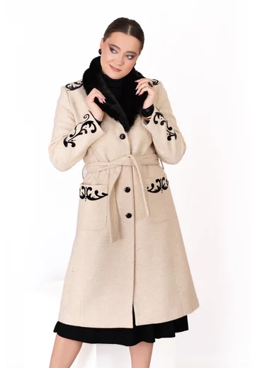 Palton cream muse din teasatura pepit cu continut ridicat de lana