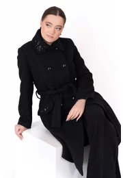 Palton din lana la doua randuri de nasturi cu detaiu tip brosa din pietre