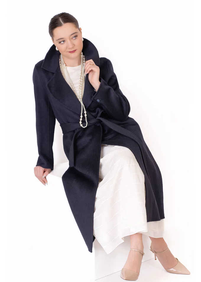 Palton elegant bleumarin cu buzunare si cordon