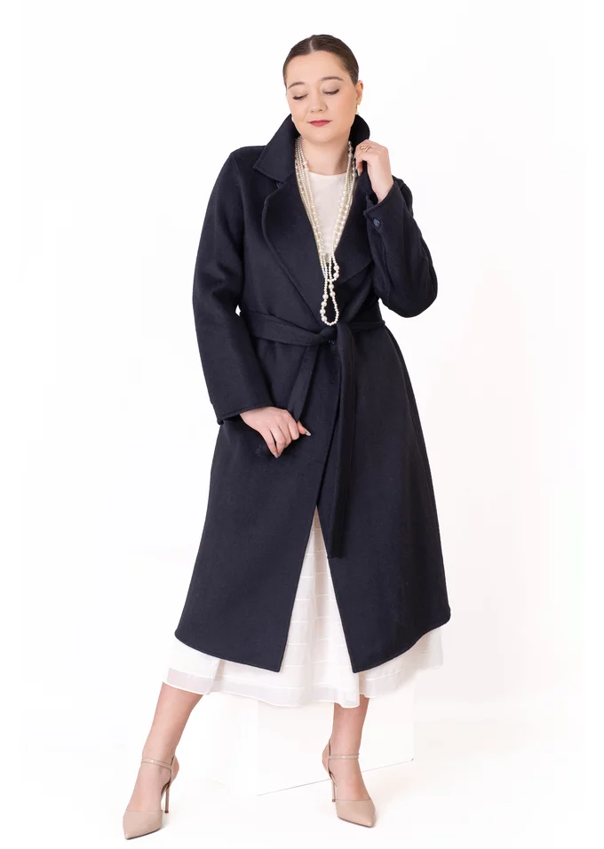 Palton elegant bleumarin cu buzunare si cordon