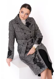 Palton gray muse din lana pepit brodat abstract