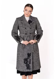 Palton gray muse din lana pepit brodat abstract