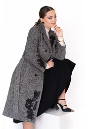 Palton gray muse din lana pepit brodat abstract