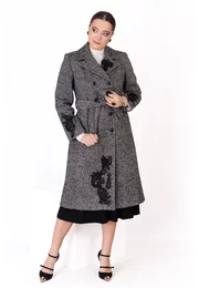 Palton gray muse din lana pepit brodat abstract