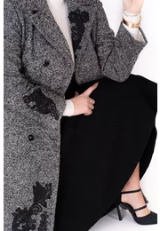 Palton gray muse din lana pepit brodat abstract