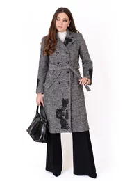 Palton gray muse din lana pepit brodat abstract
