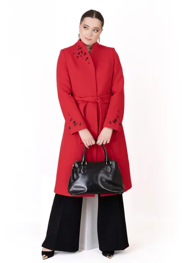 Palton red fiesta cu cordon din lana texturizata cu aspect de bumbac