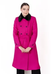 Palton roz fucsia din lana la doua randuri de nasturi cu blanita si strasuri