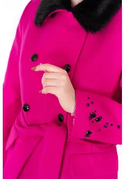 Palton roz fucsia din lana la doua randuri de nasturi cu blanita si strasuri