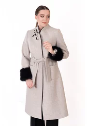 Palton smokey chic fumuriu din lana cu cordon , blanita si detalii din pietre