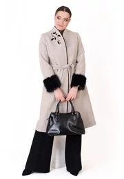 Palton smokey chic fumuriu din lana cu cordon , blanita si detalii din pietre