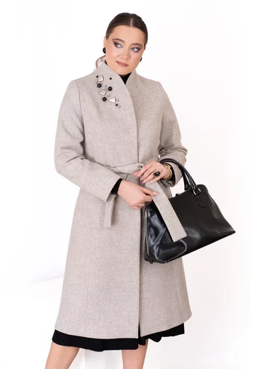 Palton smokey chic fumuriu din lana cu cordon si detalii din pietre