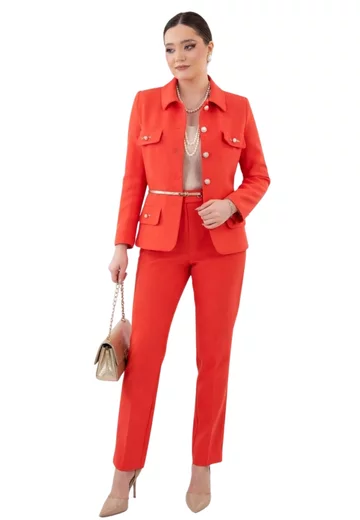 Pantalon business vibrant coral din stofa usor melanjata