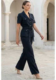 Pantalon drept cu buzunare din in natur navy