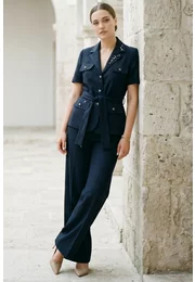 Pantalon drept cu buzunare din in natur navy